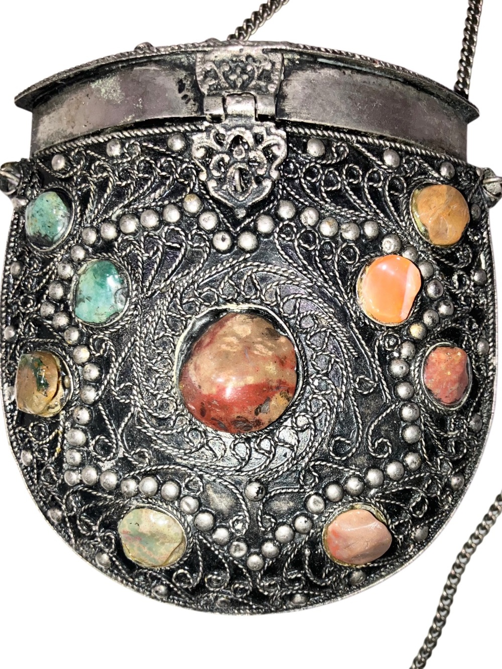 Sajai Vintage Handcrafted India Metal Evening Bag Filagree Agate Jasper Gemstone